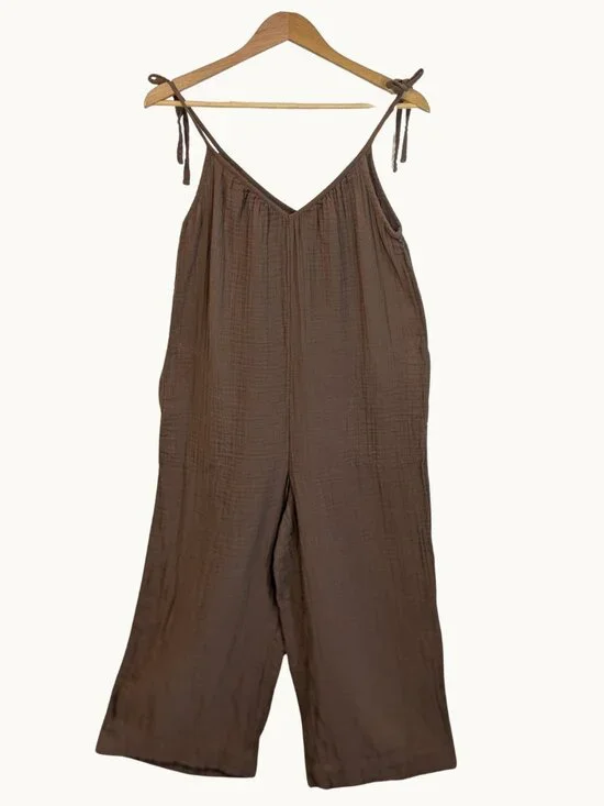 Old Navy Crinkle Gauze Tie Shoulder Jumpsuit Romper Brown Relaxed Wide Leg Boho - Picture 3 of 12